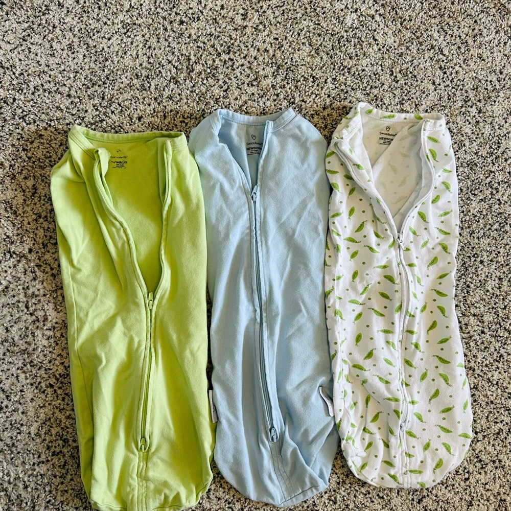Set of Three Baby Swaddle Sacks in Green, Blue, and White